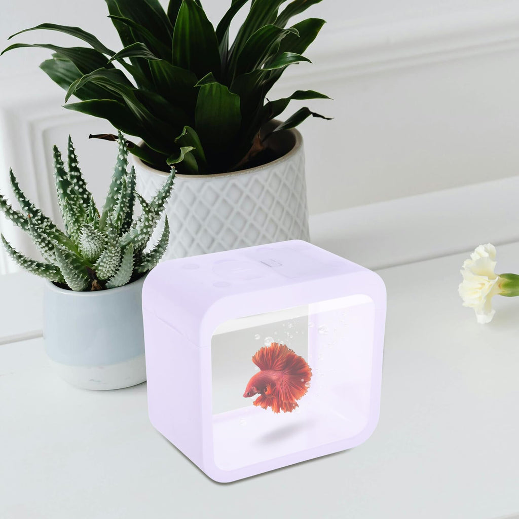 Mini Betta Fish Tank with LED Light Portable Plastic Desktop Aquarium Cube J56953