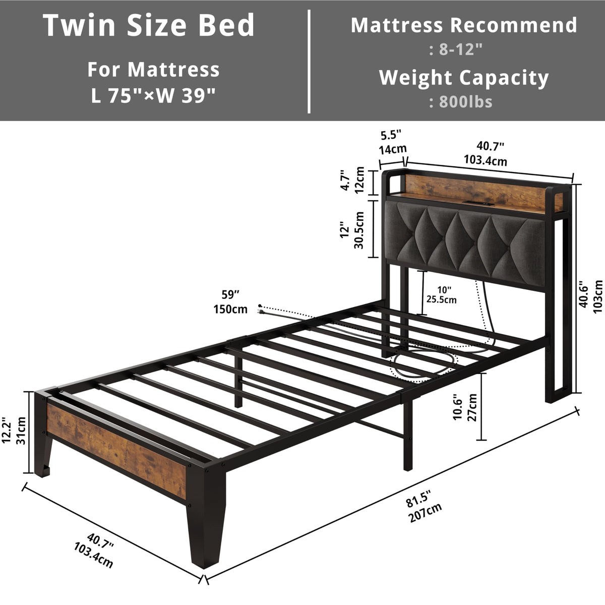 Twin Bed Frame with Storage Headboard W8507