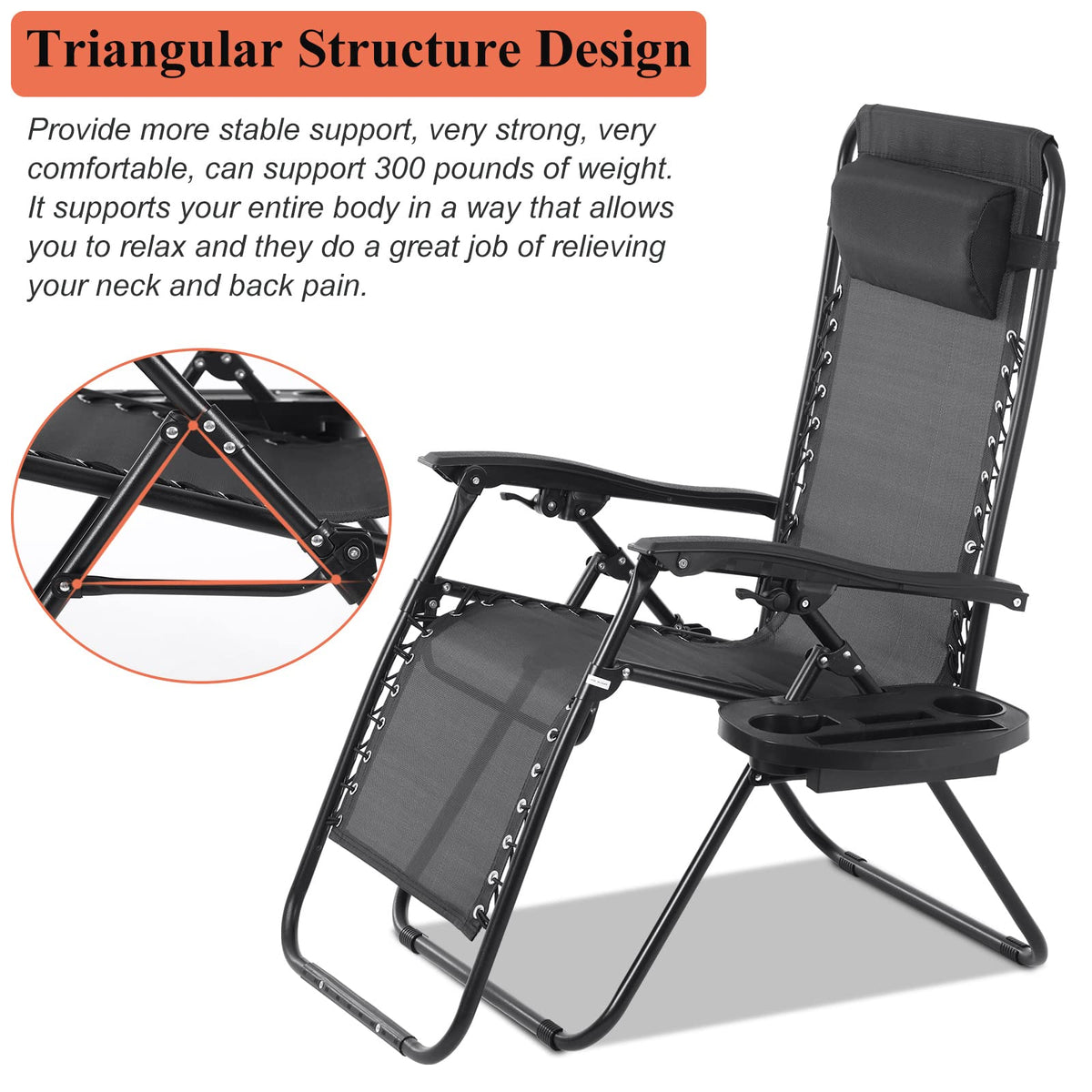 Zero Gravity Chair with Pillow and Cup Holder Trays, Black I7502
