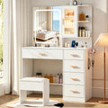 White Vanity Desk with LED Lights Mirror, 5 Drawers, Charging Station & Cushion Stool L810