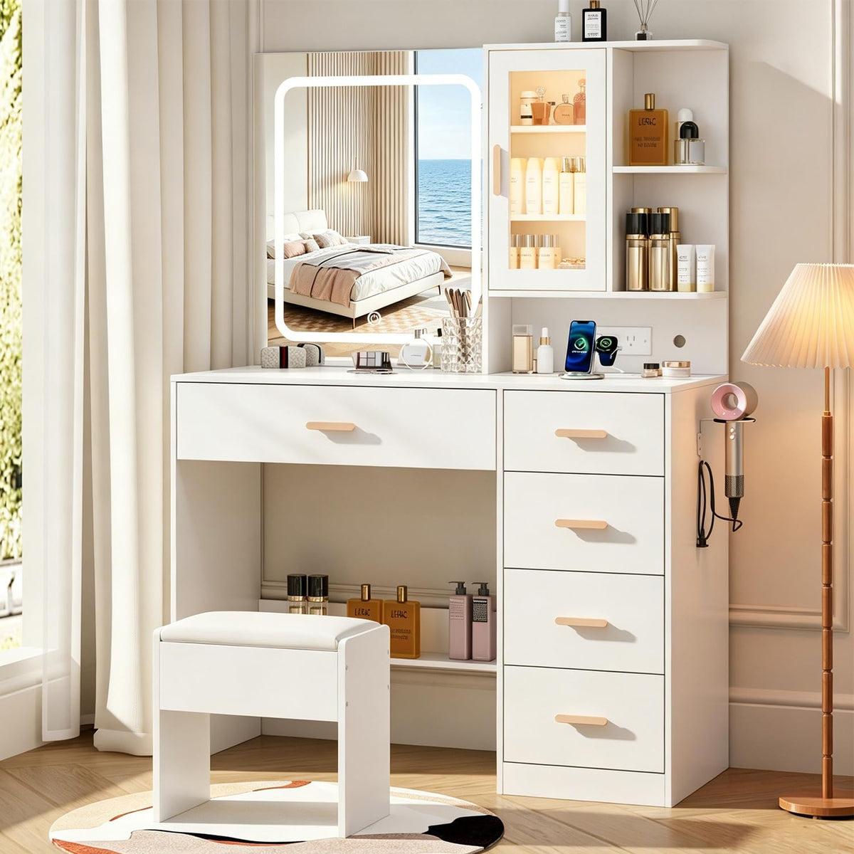 White Vanity Desk with LED Lights Mirror, 5 Drawers, Charging Station & Cushion Stool L810