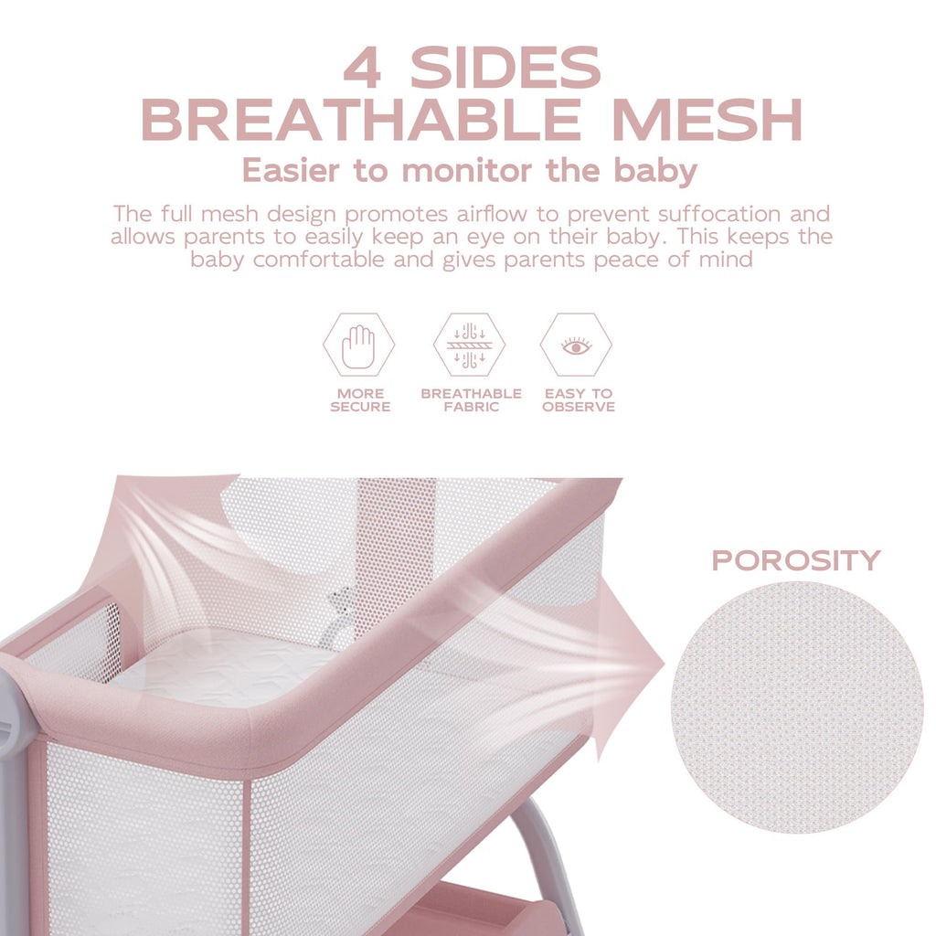 Baby Bassinet Bedside Crib with Mattress & Sheet, 4-Sided Mesh, Pink F69843