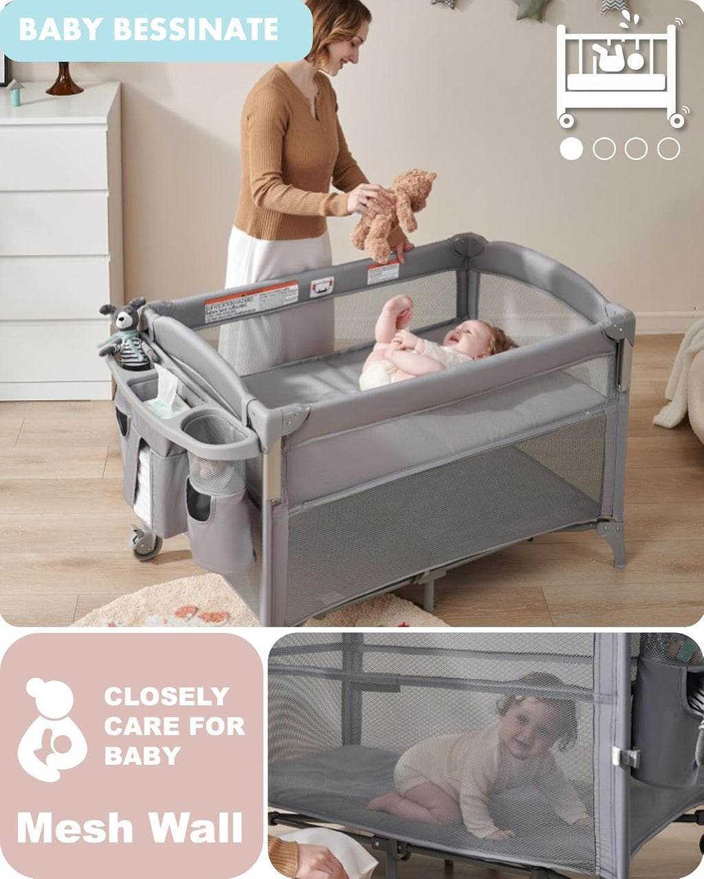 4-in-1 Baby Bassinet, Bedside Sleeper, Playard, Changing Table V4658