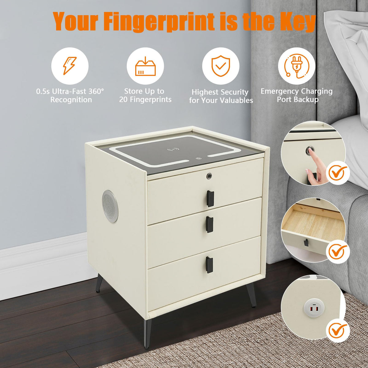 Beige White Smart LED Nightstand with USB Charging R194068