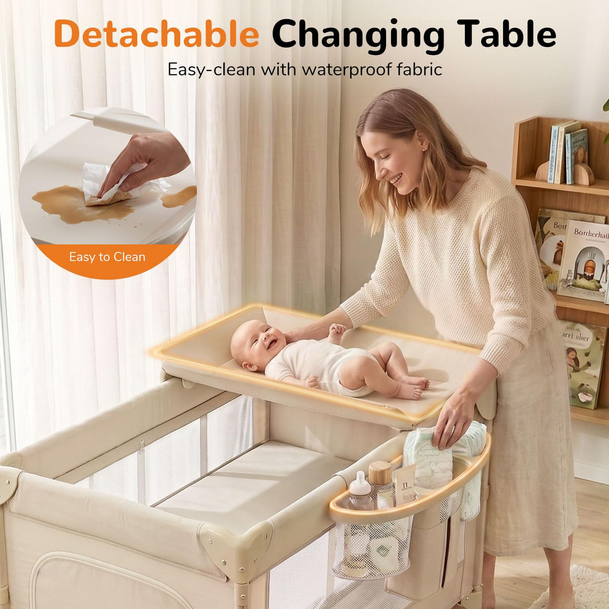 4 in 1 Foldable Pack and Play with Bassinet and Changing Table, Beige I10993