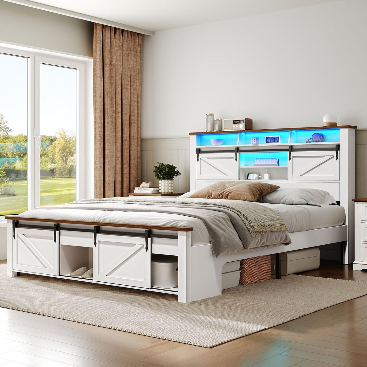 White and Walnut Full Size Storage Bed Frame M89202