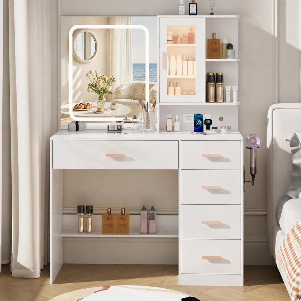 White Vanity Desk with LED Lights Mirror, 5 Drawers, Charging Station & Cushion Stool L810