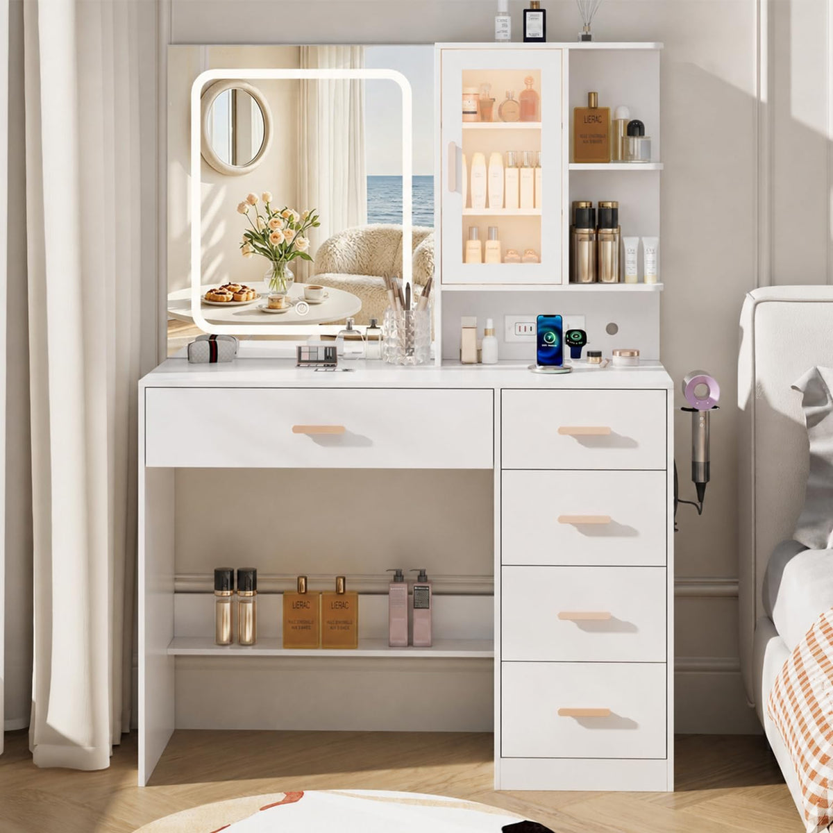 White Vanity Desk with LED Lights Mirror, 5 Drawers, Charging Station & Cushion Stool L810