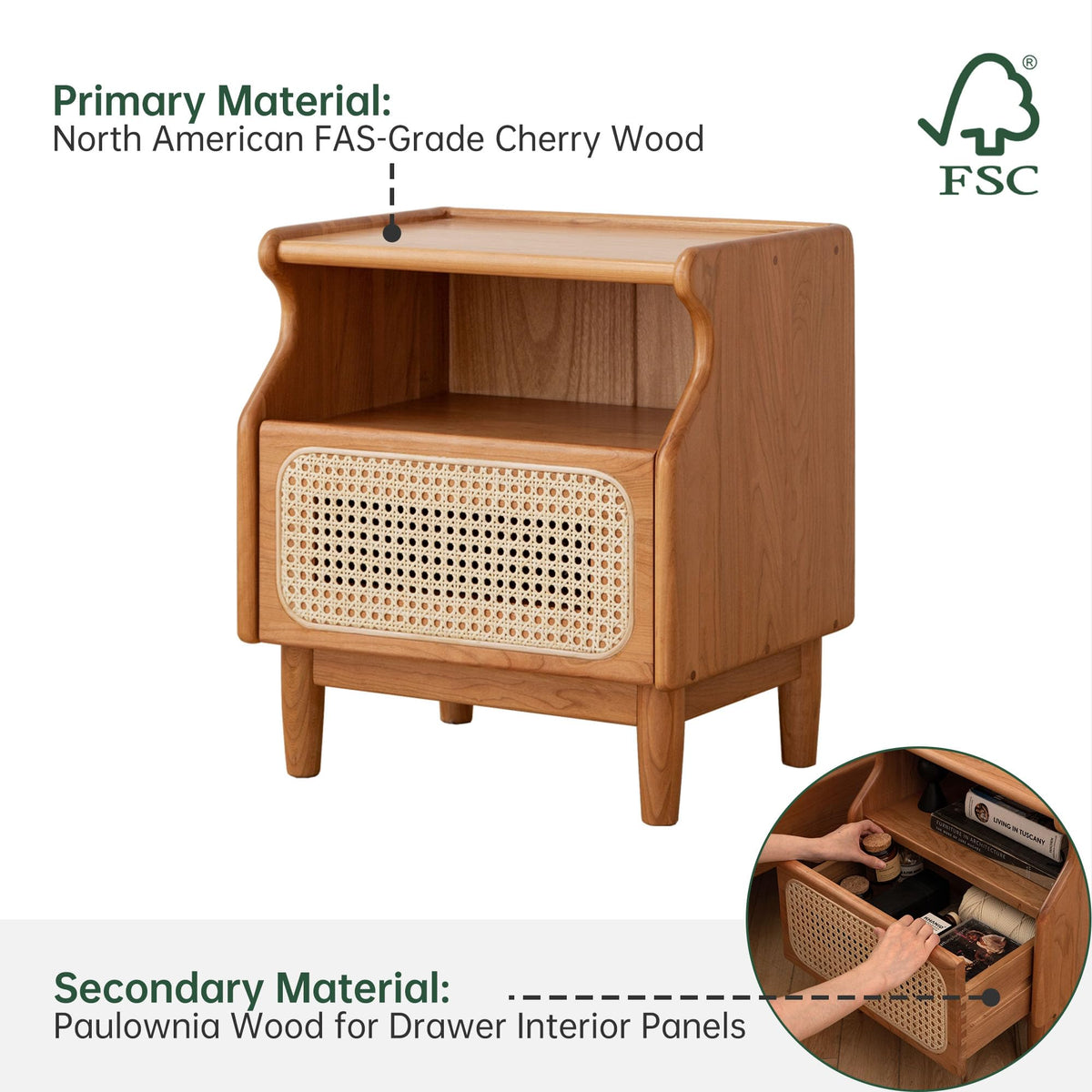 Cherry Wood Rattan Nightstand with Drawer W348