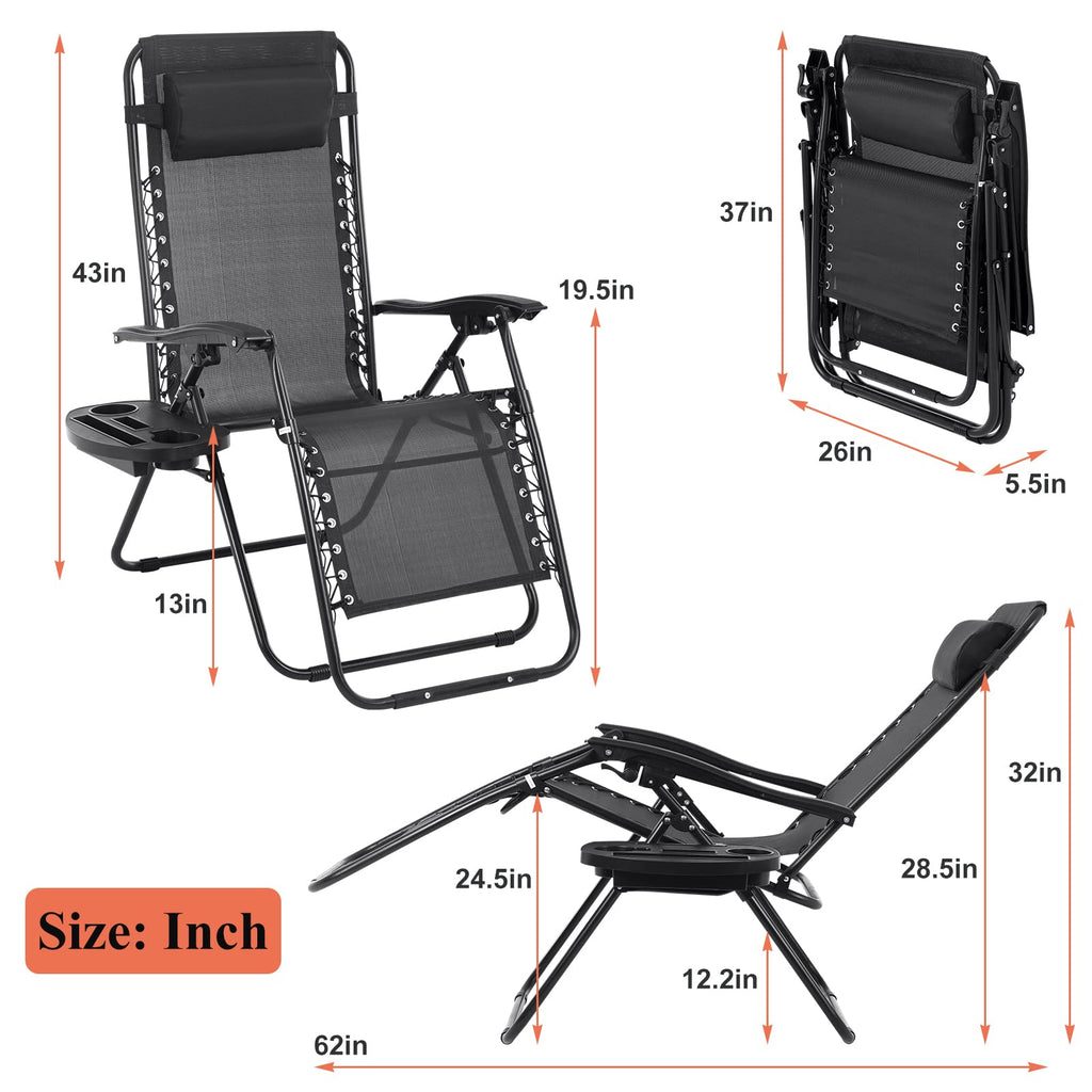 Zero Gravity Chair with Pillow and Cup Holder Trays, Black I7502