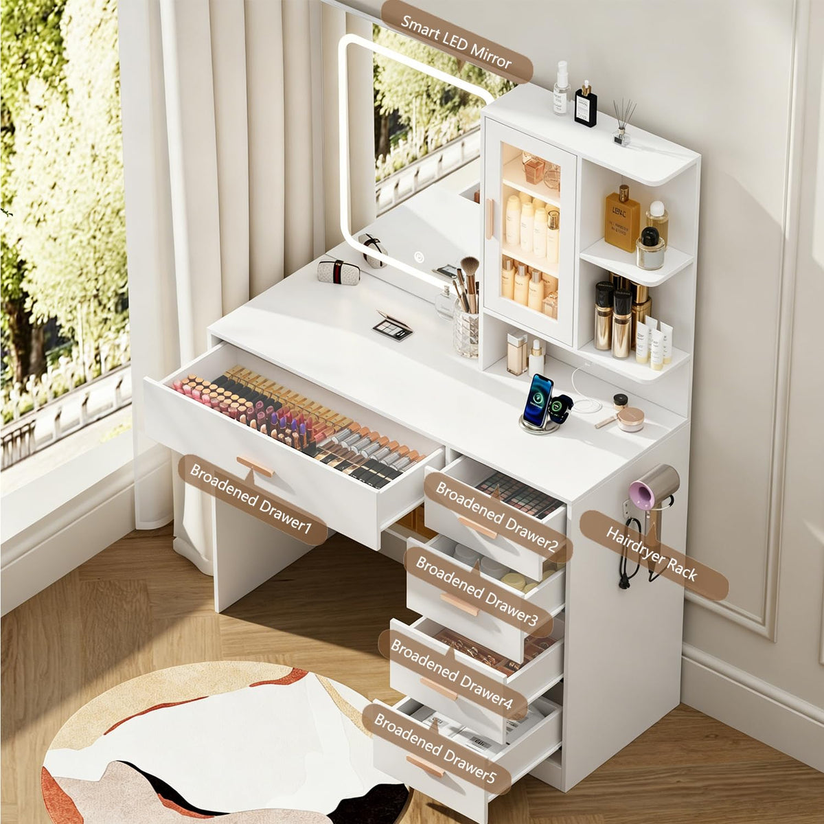 White Vanity Desk with LED Lights Mirror, 5 Drawers, Charging Station & Cushion Stool L810