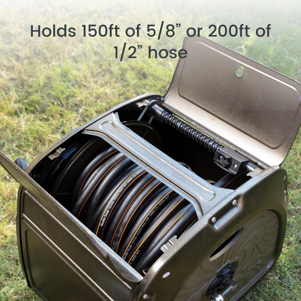Metal Hose Reel Box, Heavy Duty Garden Hose Storage Reel, 150ft 5/8" Hose Capacity, Green K828