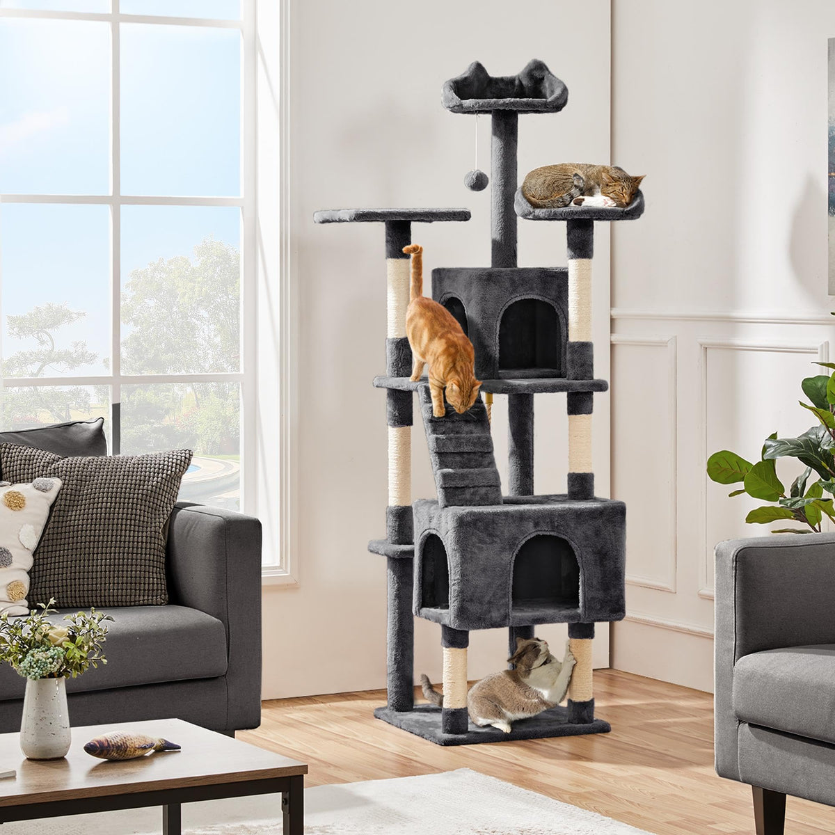 72in Dark Gray Cat Tree Tower with 2 Condos & 3 Perches W7087
