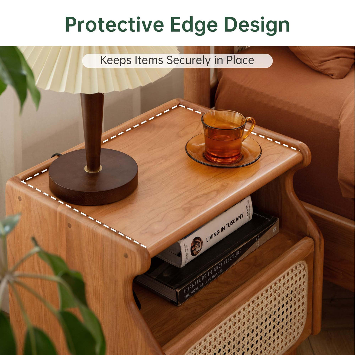 Cherry Wood Rattan Nightstand with Drawer W348