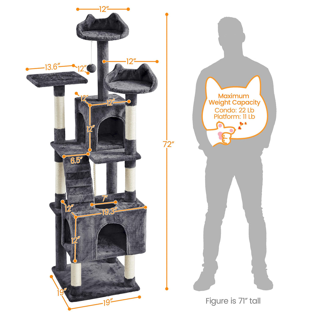 72in Dark Gray Cat Tree Tower with 2 Condos & 3 Perches W7087