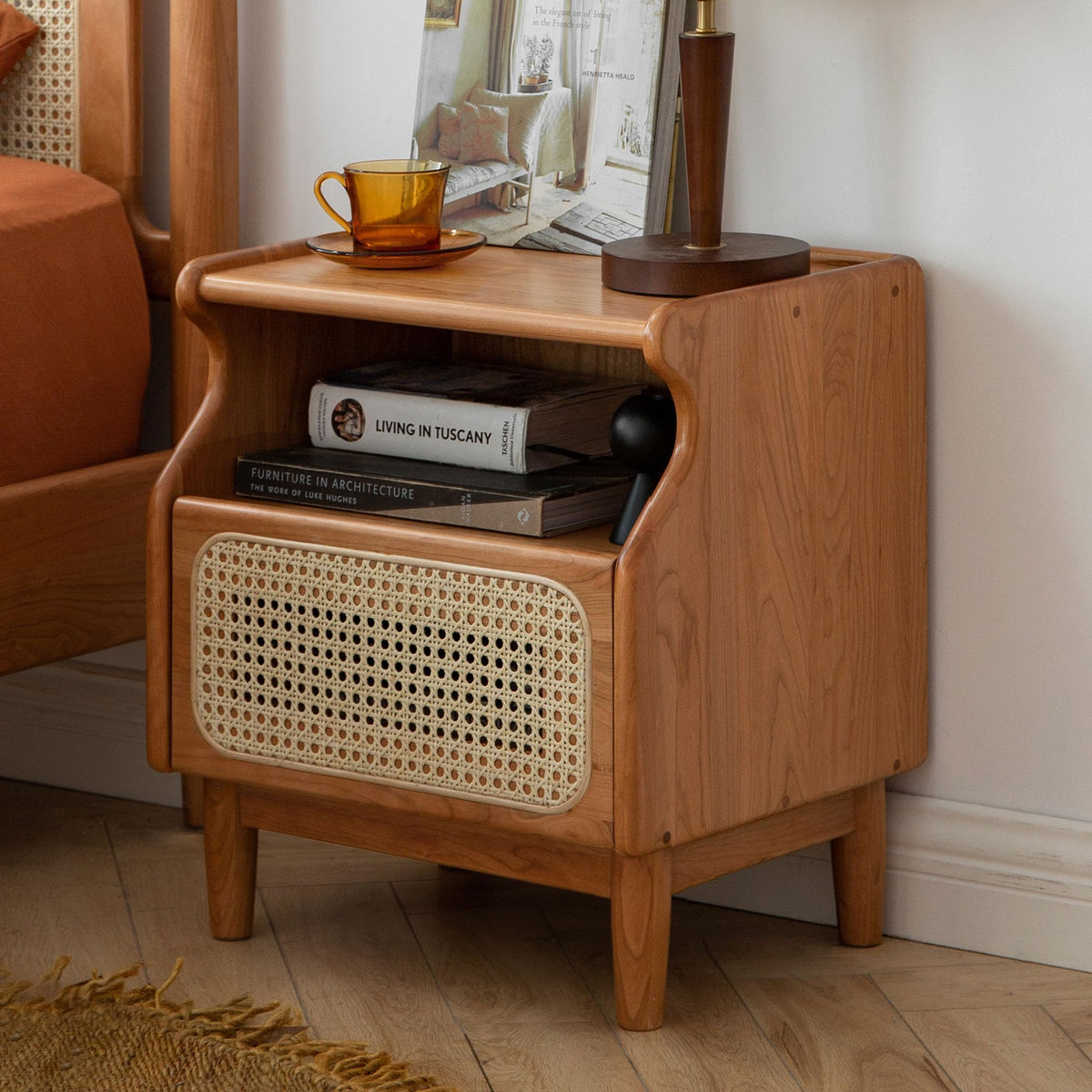 Cherry Wood Rattan Nightstand with Drawer W348