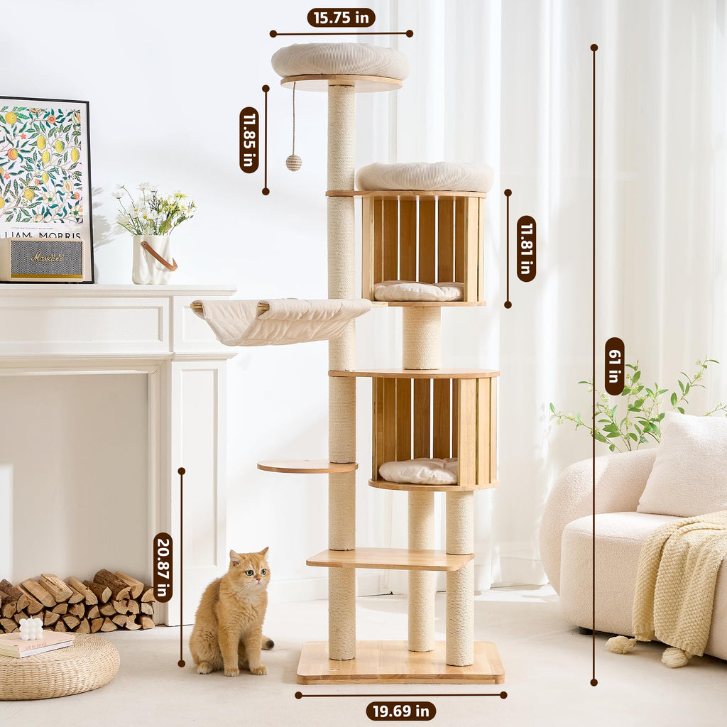 Solid Wood 70 Inches Tall Cat Tree Tower with Scratching Post I469
