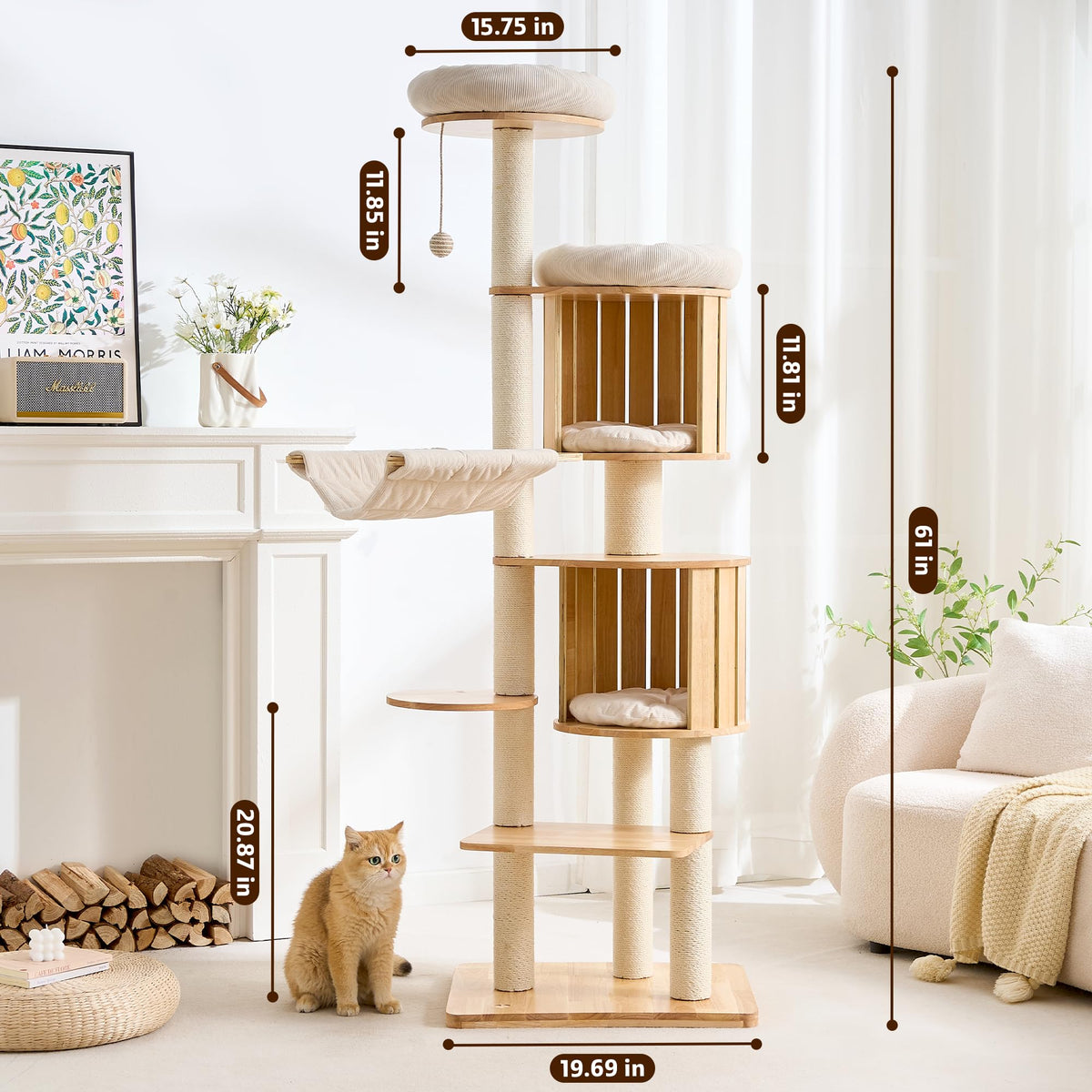 Solid Wood 70 Inches Tall Cat Tree Tower with Scratching Post I469