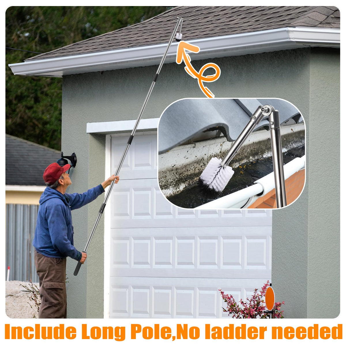 6.4FT Gutter Cleaning Tools with Extension Pole & Brush E394831