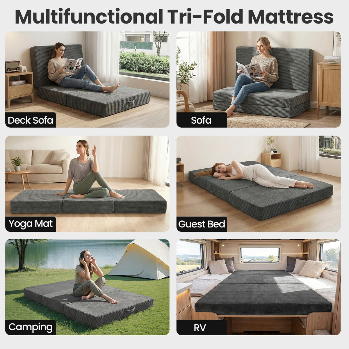6 inch Tri Fold Twin Size Memory Foam Mattress C747570
