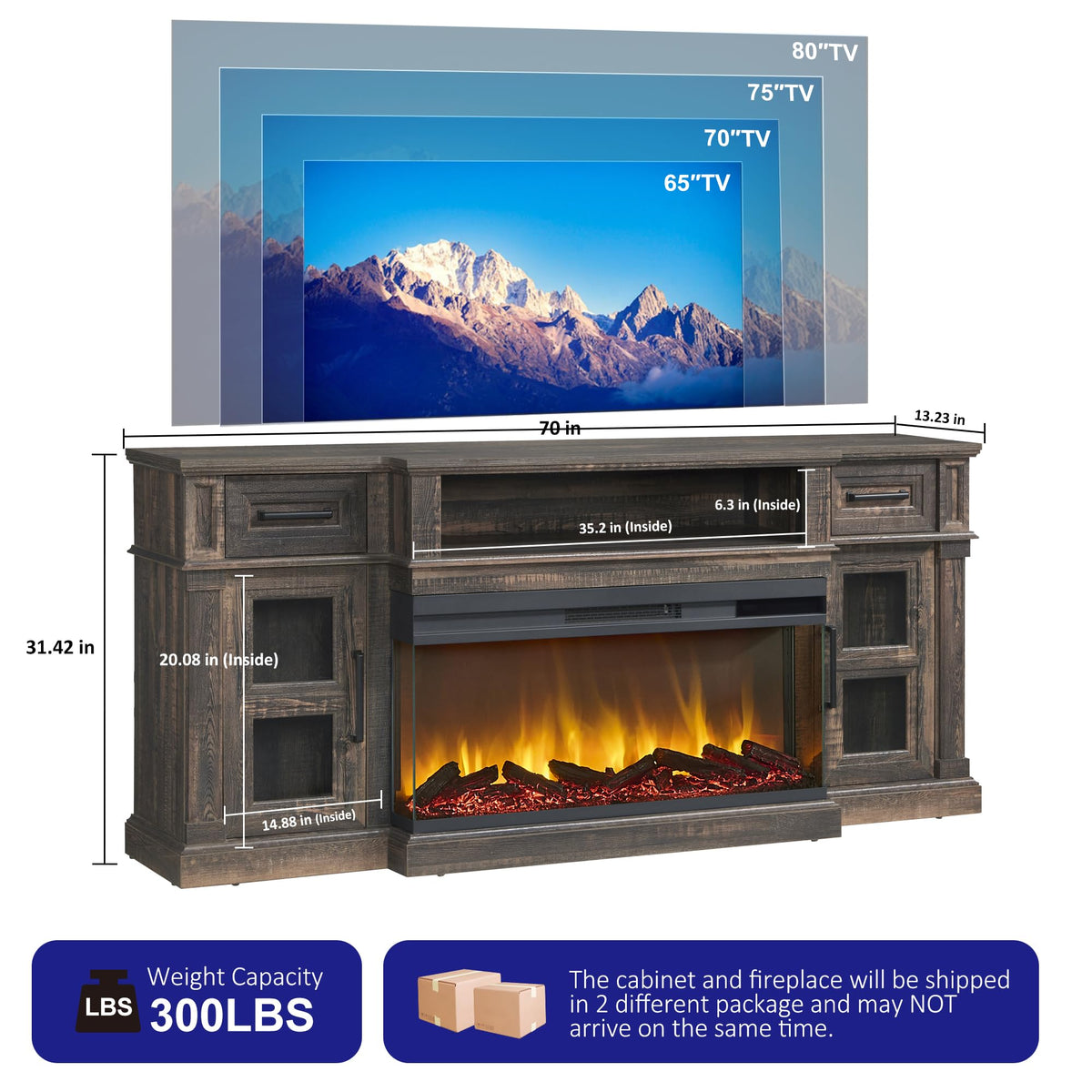 Dark Rustic Oak Fireplace TV Stand with 36 Inch Electric Fireplace A36134