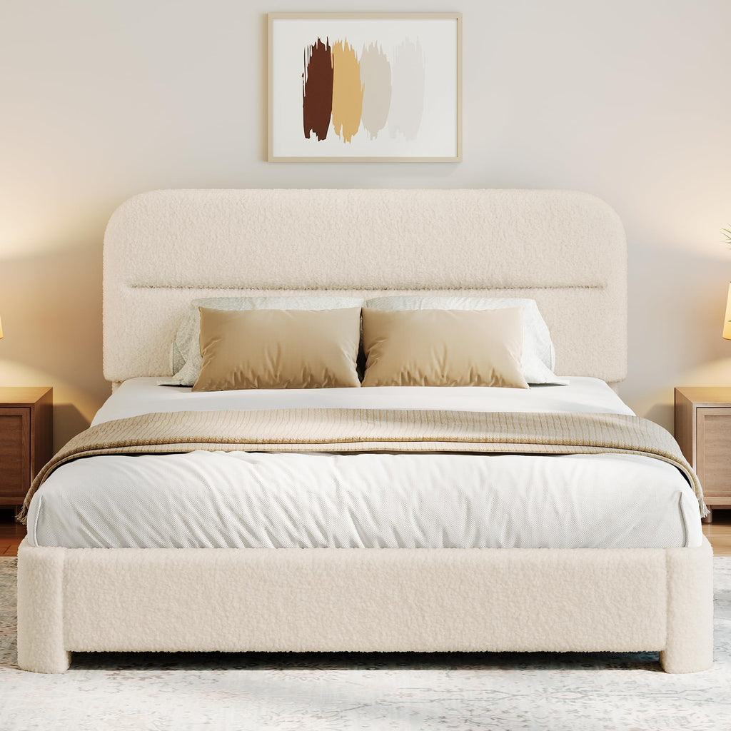 Beige Boucle Upholstered Bed with Headboard S830645