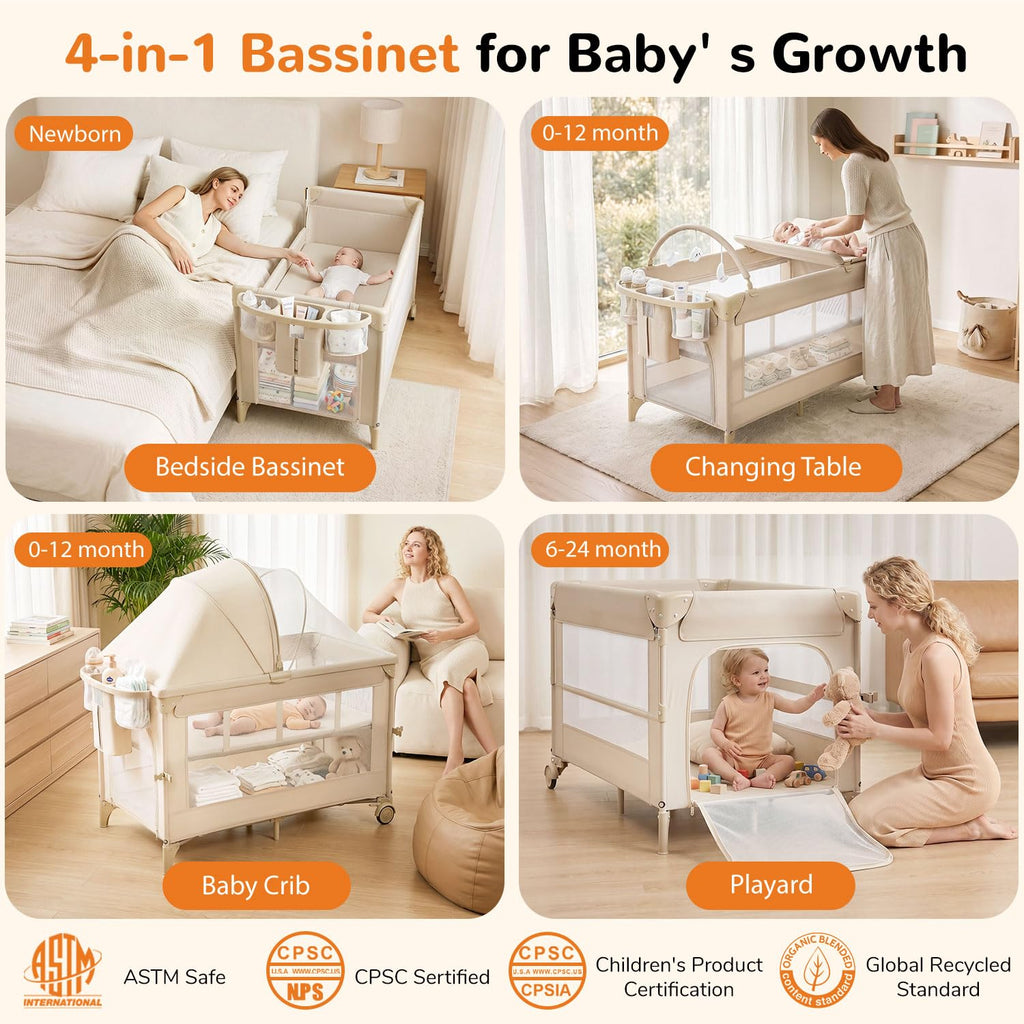 4 in 1 Foldable Pack and Play with Bassinet and Changing Table, Beige I10993