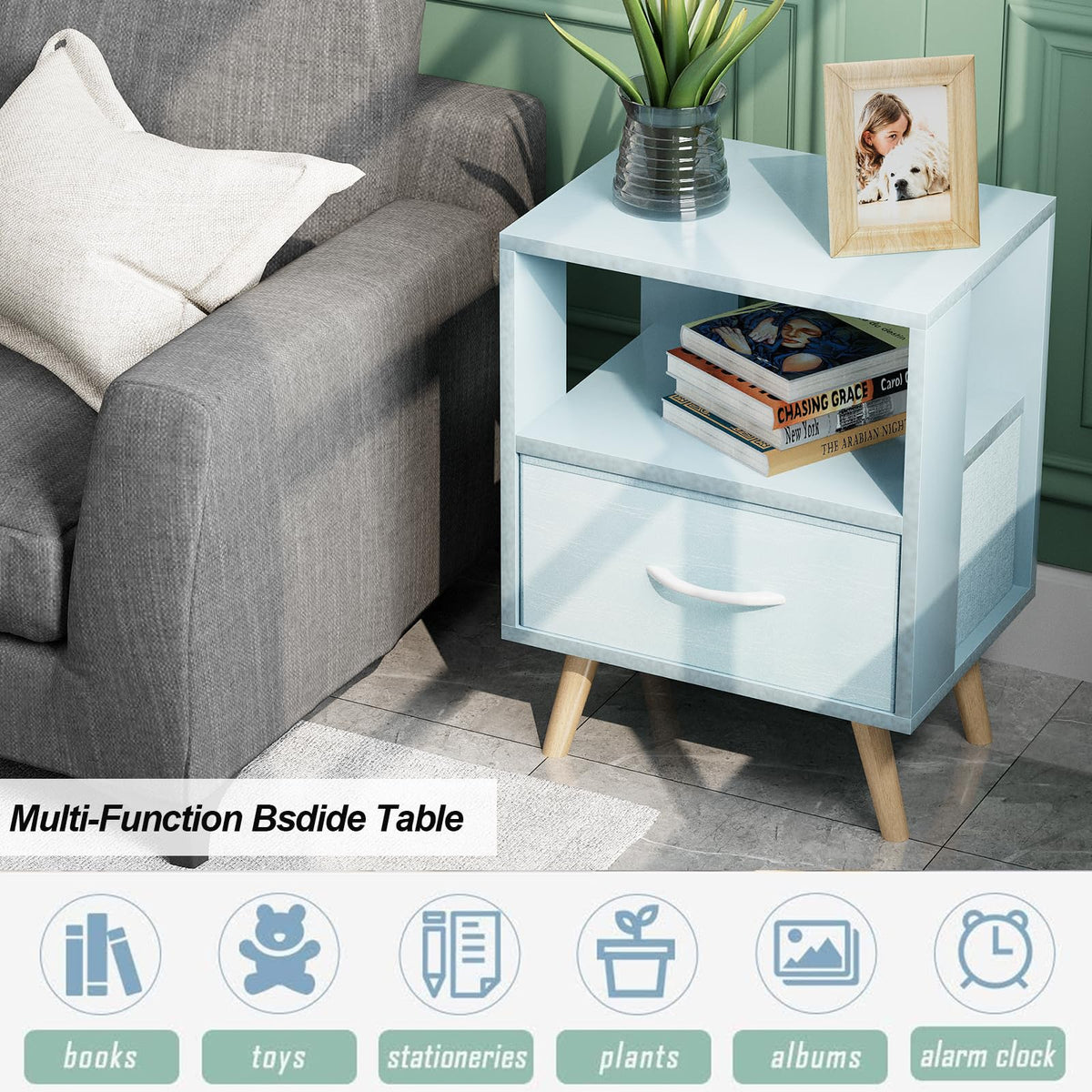 Blue Kids Nightstand with Drawer X665