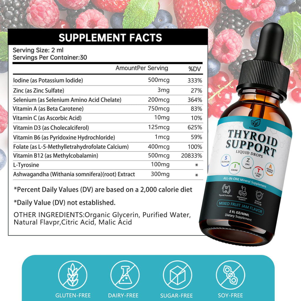 Liquid Thyroid Support Drops with Selenium Zinc Iodine L-Tyrosine Ashwagandha Z168672