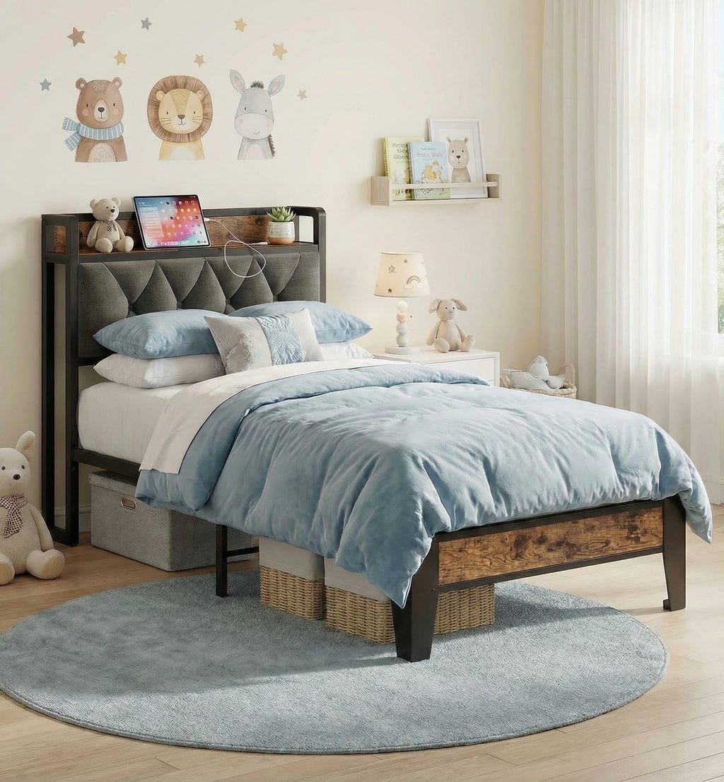 Twin Bed Frame with Storage Headboard W8507