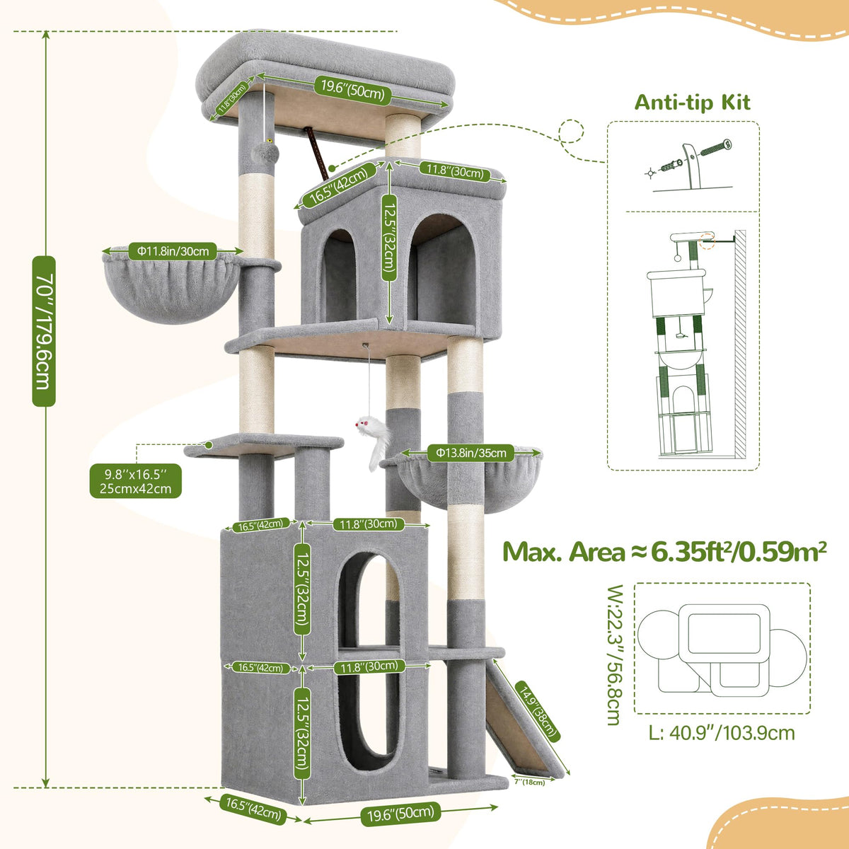 70 inch Light Grey Cat Tree Condos U4908