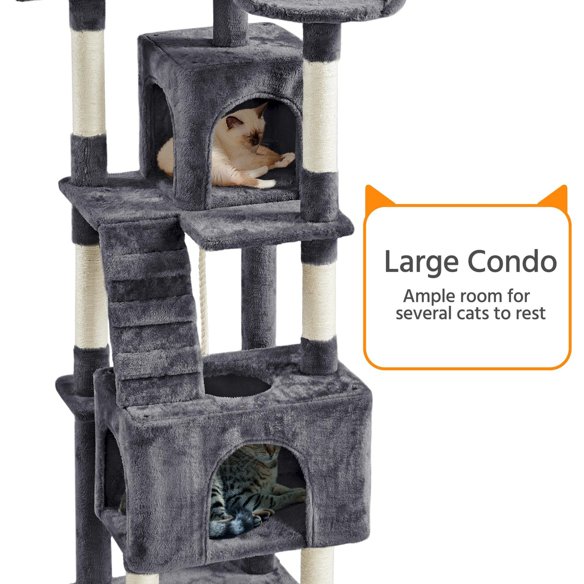 72in Dark Gray Cat Tree Tower with 2 Condos & 3 Perches W7087