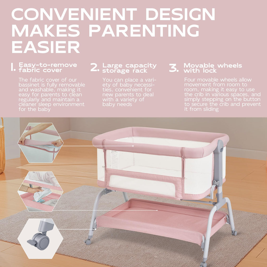 Baby Bassinet Bedside Crib with Mattress & Sheet, 4-Sided Mesh, Pink F69843
