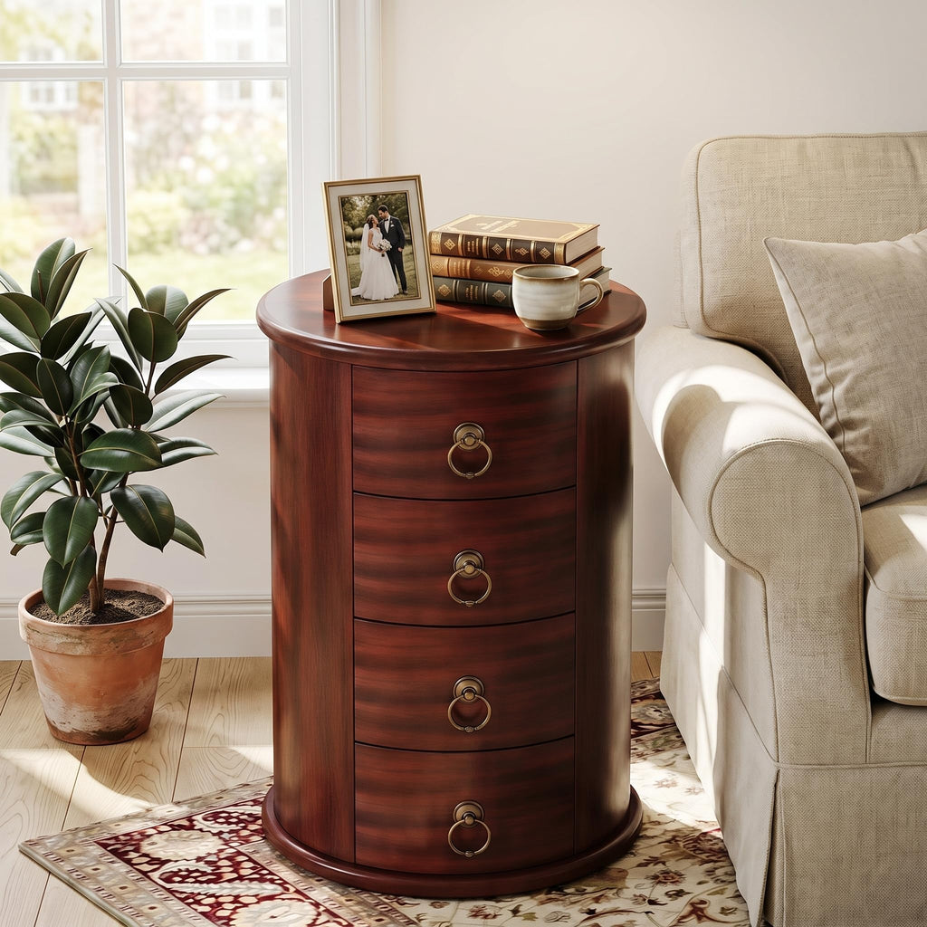 Solid Wood Round End Table with 4 Drawers L621814