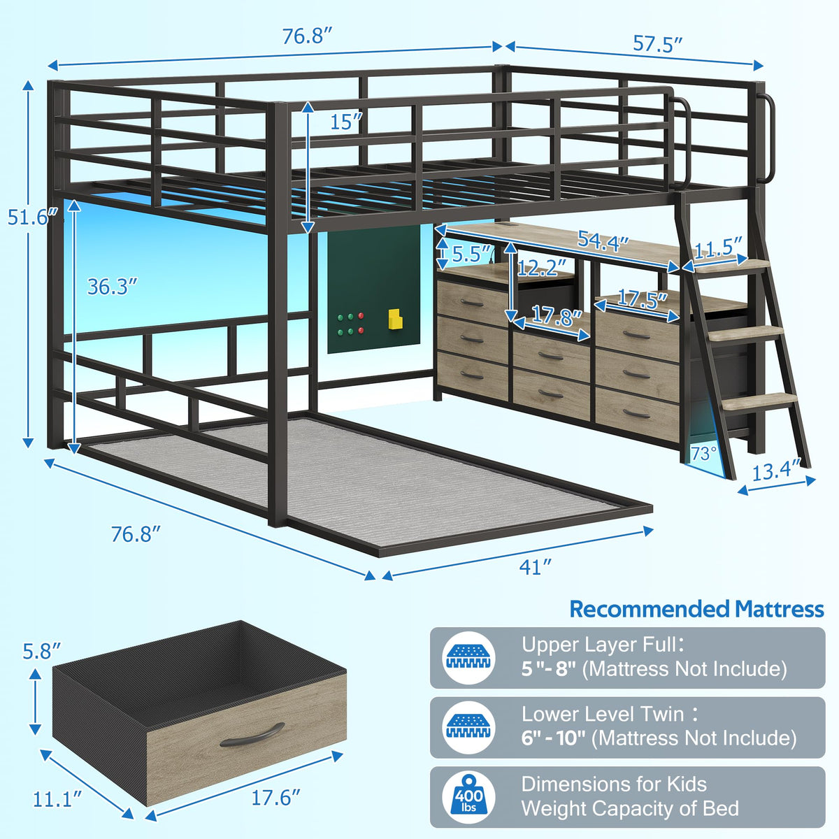 Full Over Twin Bunk Bed with 8 Drawers Grey M6348