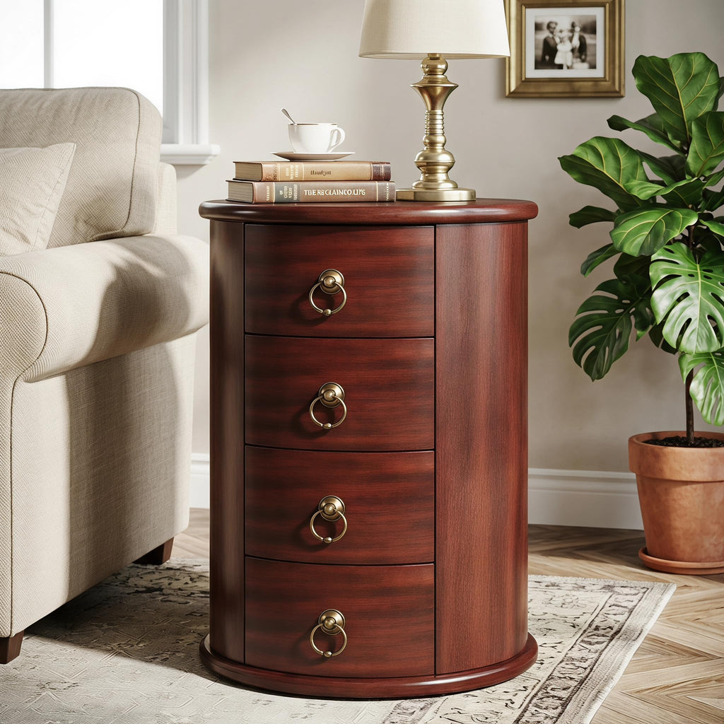 Solid Wood Round End Table with 4 Drawers L621814