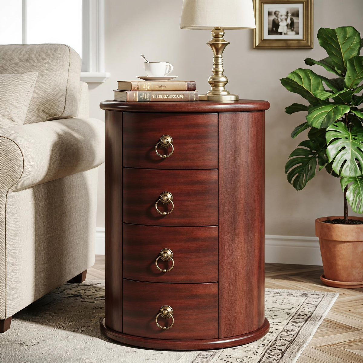 Solid Wood Round End Table with 4 Drawers L621814