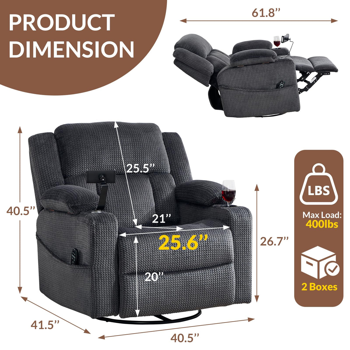 Oversized Power Recliner Chair with Massage and Heat, Grey H4521