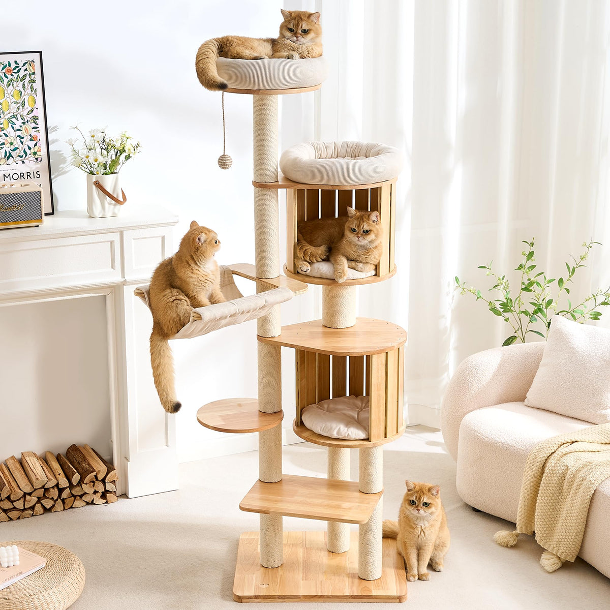 Solid Wood 70 Inches Tall Cat Tree Tower with Scratching Post I469