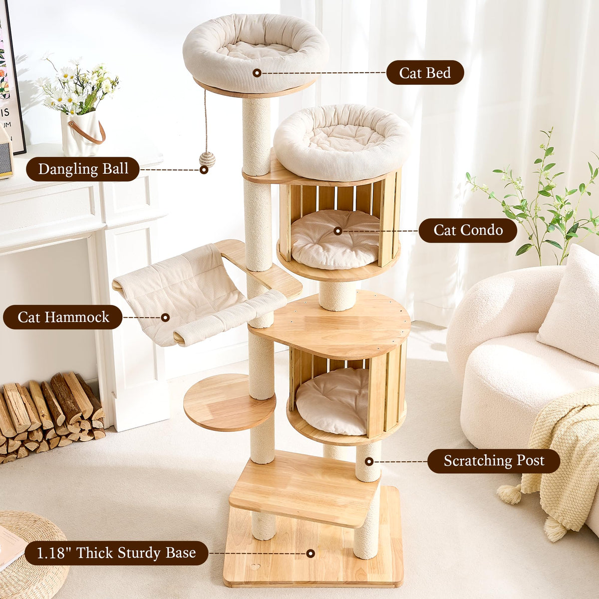 Solid Wood 70 Inches Tall Cat Tree Tower with Scratching Post I469