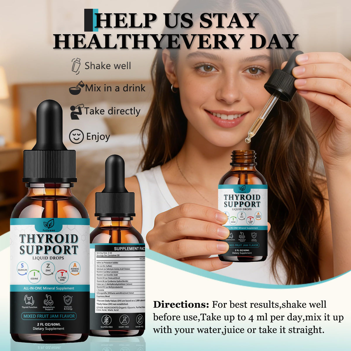 Liquid Thyroid Support Drops with Selenium Zinc Iodine L-Tyrosine Ashwagandha Z168672