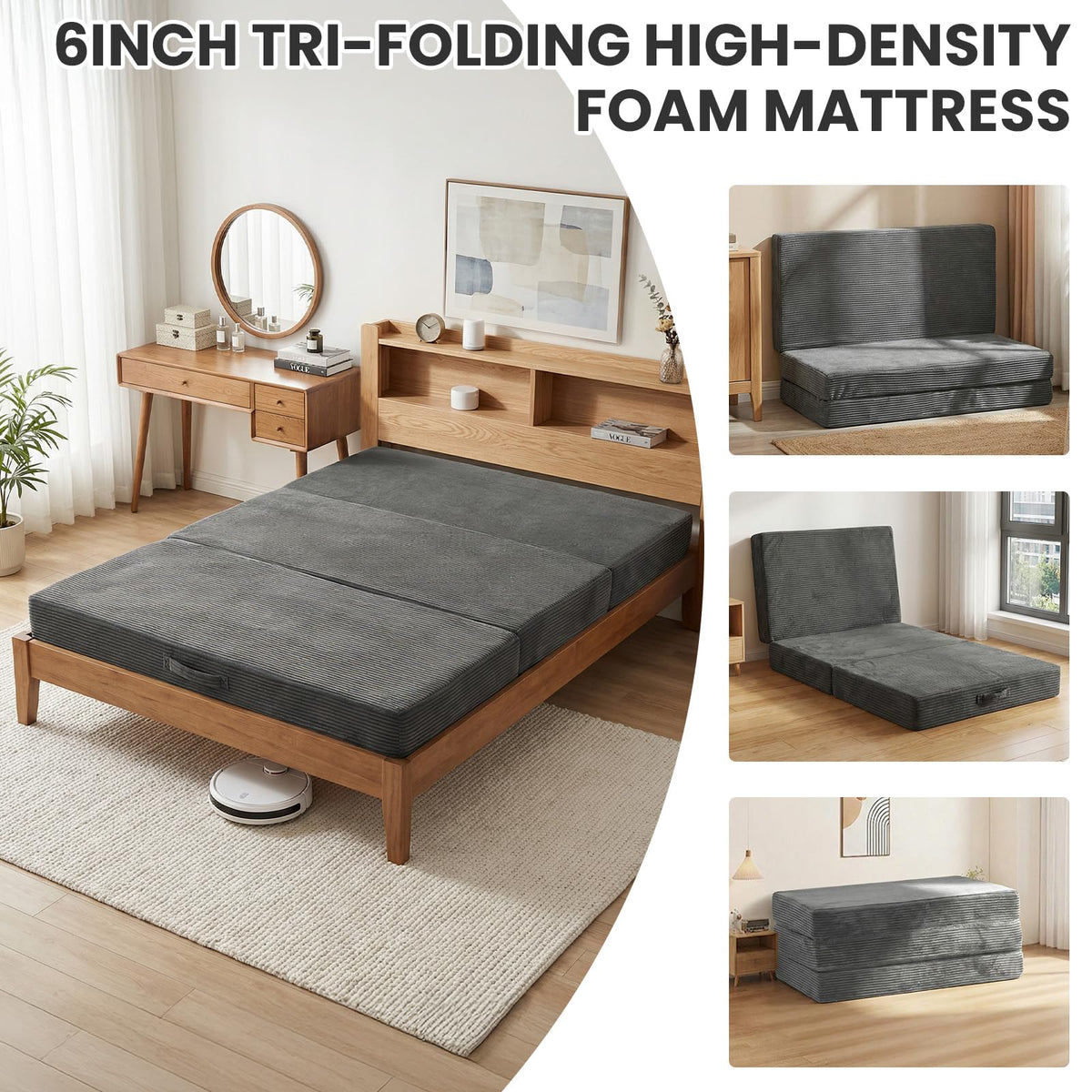 6 inch Tri Fold Twin Size Memory Foam Mattress C747570