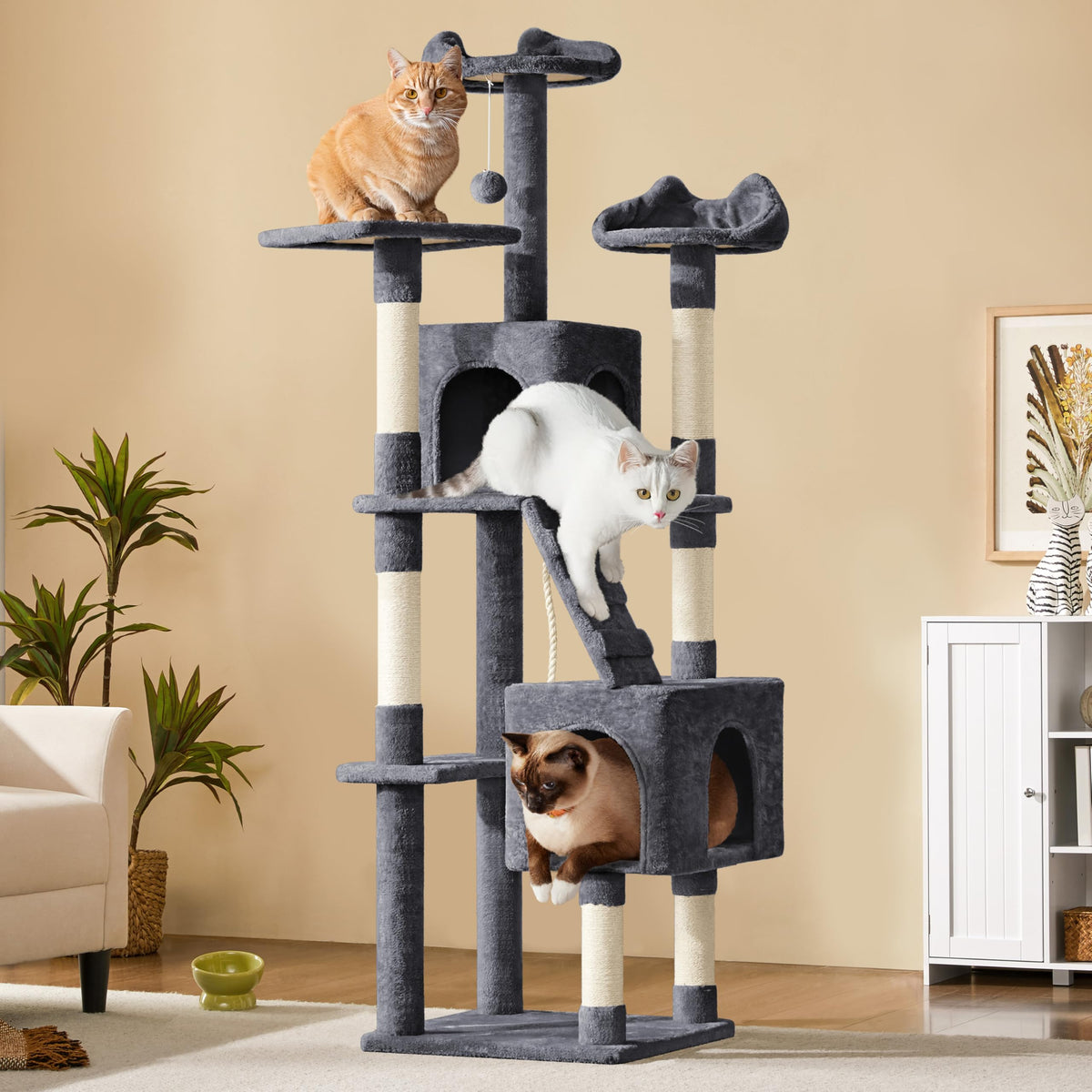 72in Dark Gray Cat Tree Tower with 2 Condos & 3 Perches W7087