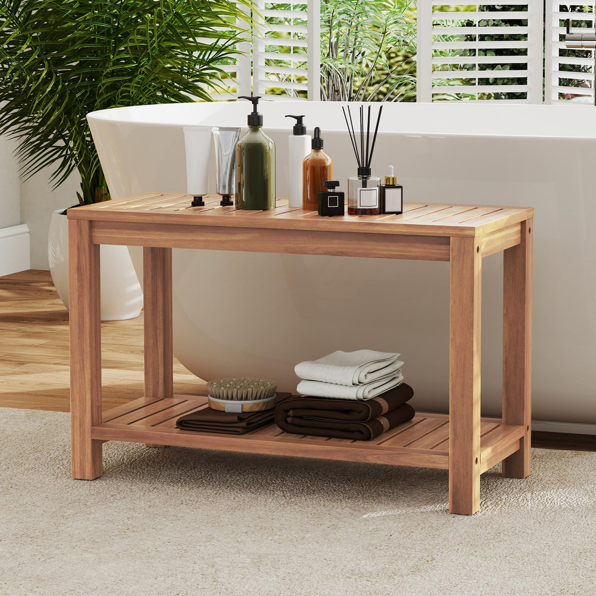Teak Shower Bench with Shelf R370373