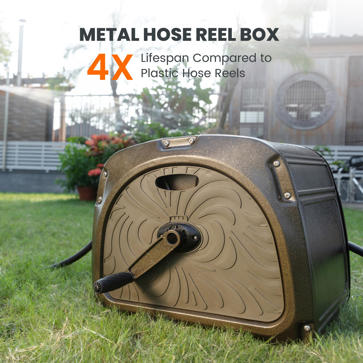 Metal Hose Reel Box, Heavy Duty Garden Hose Storage Reel, 150ft 5/8" Hose Capacity, Green K828