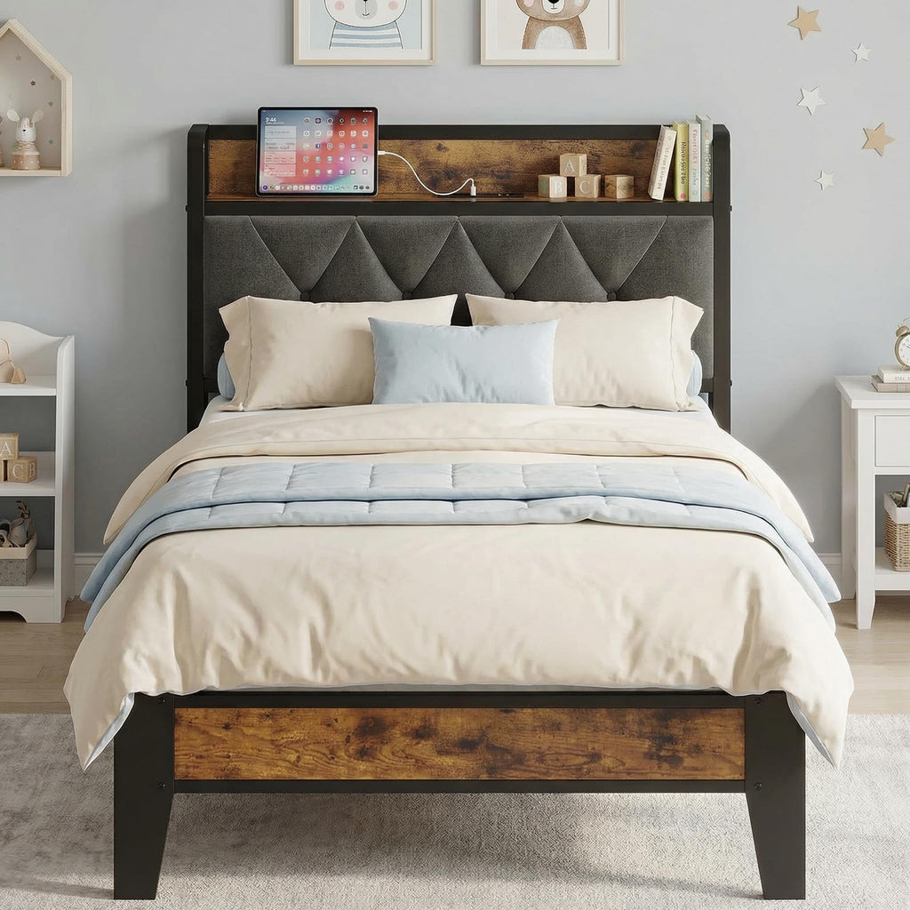 Twin Bed Frame with Storage Headboard W8507