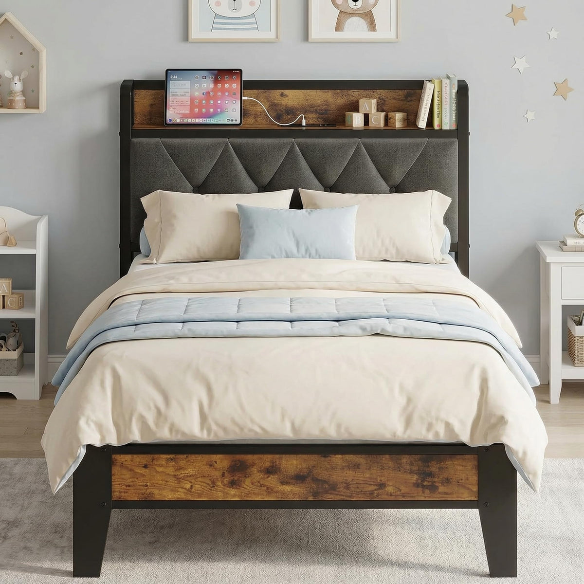 Twin Bed Frame with Storage Headboard W8507