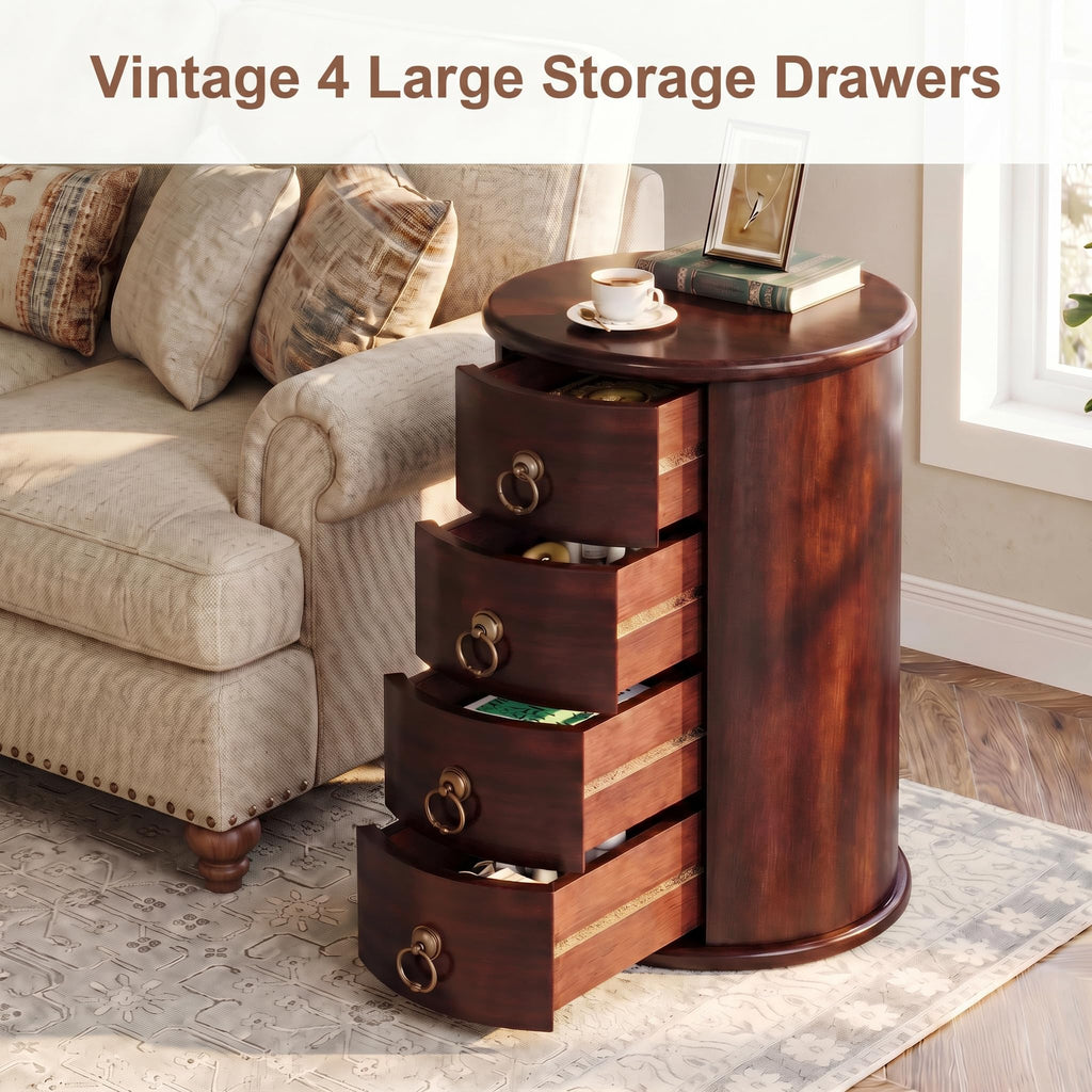 Solid Wood Round End Table with 4 Drawers L621814