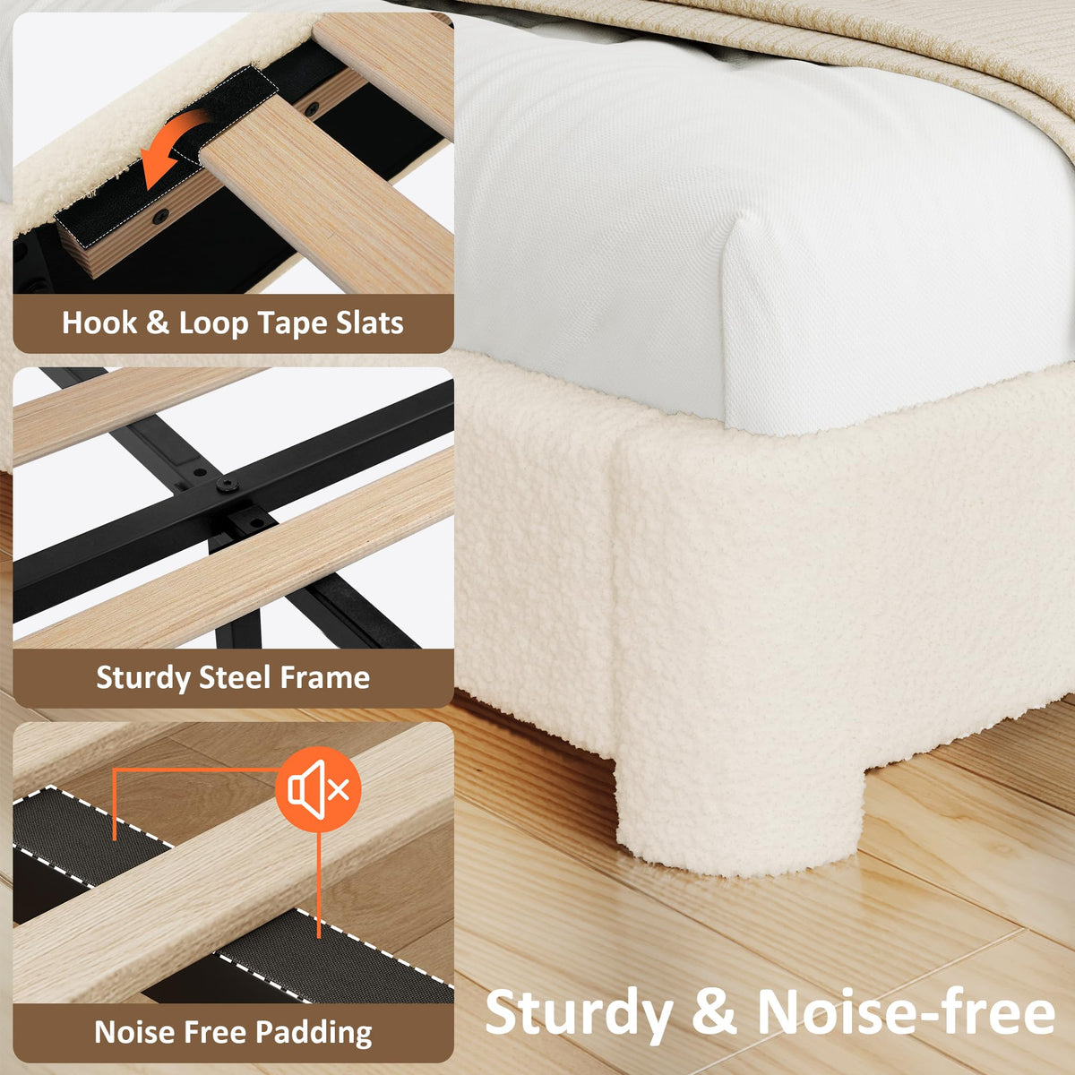 Beige Boucle Upholstered Bed with Headboard S830645