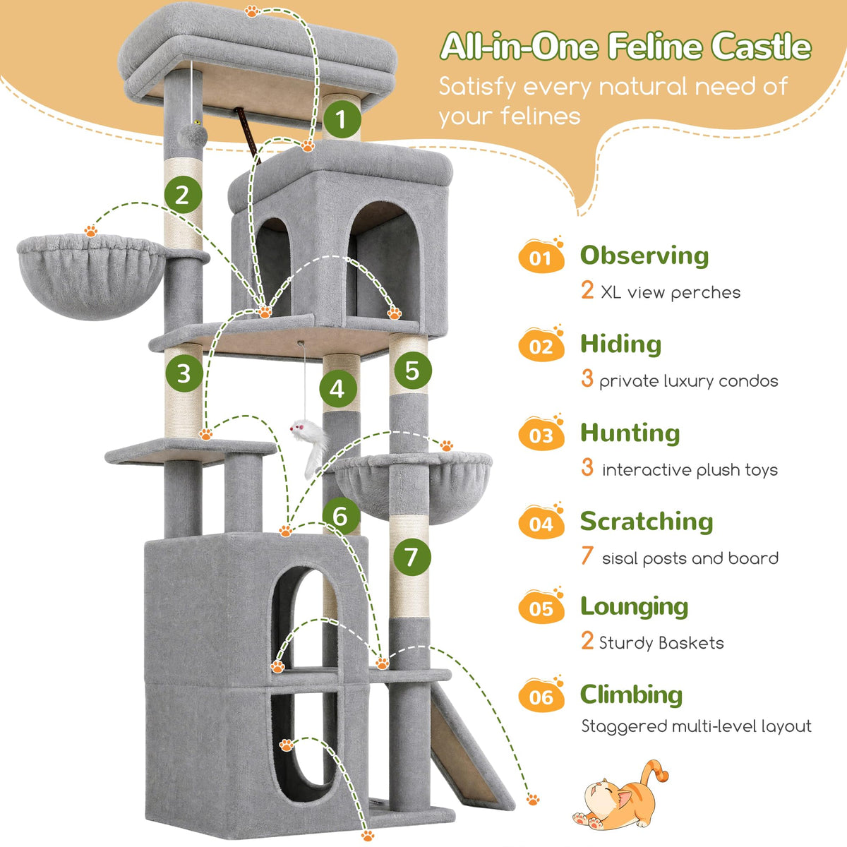 70 inch Light Grey Cat Tree Condos U4908